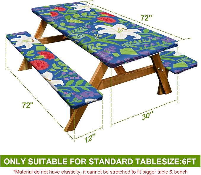 Blue Floral Picnic Table Cover with Bench Covers Set of 3-White Lilies and Red Flowers,Elastic Fitted Tablecloth for 6 Ft Tables, Washable Polyester Cover for Camping, Indoor & Outdoor