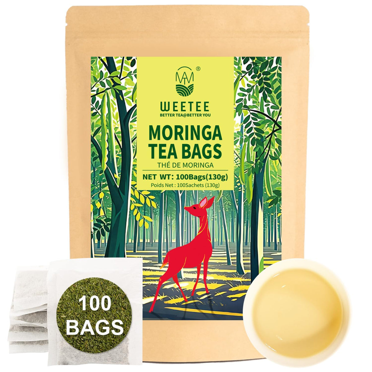 WT Weetee Moringa Tea Bags 100 Count, 100% Pure Dried Moringa Leaves, Caffeine Free Nutrient-Dense Herbal Tea
