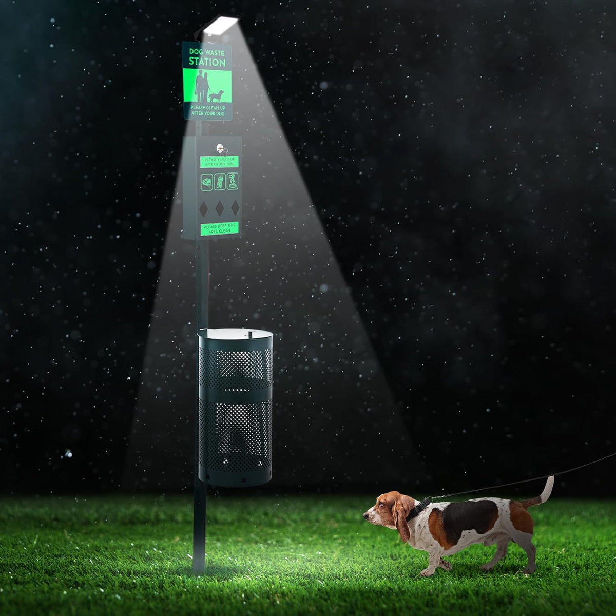 Dog Waste Station with Solar Panels Outdoor LED Galvanized Steel Dog Trash Bin with Poop Bag Dispenser Light up at Night Rust Proof Pet Trash Station for Commercial Park Backyard