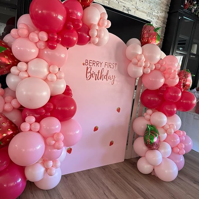Strawberry Balloons Garland Arch Kit 163pcs with 27" Strawberry Foil Balloons, Red and Pink white Balloons for Sweet Girl Berry First Birthday Themed Baby Shower Strawberry Party Decorations