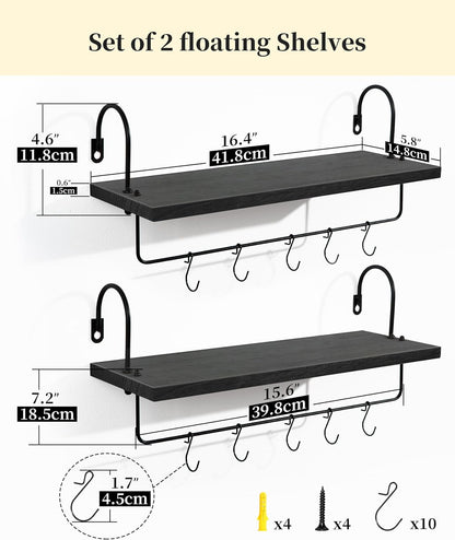Coffee Mug Holder, Coffee Bar Shelf with Hooks Wall Mount Cup Organizer Mug Racks Pods Storage Hanger, Farmhouse Kitchen Decor, Black