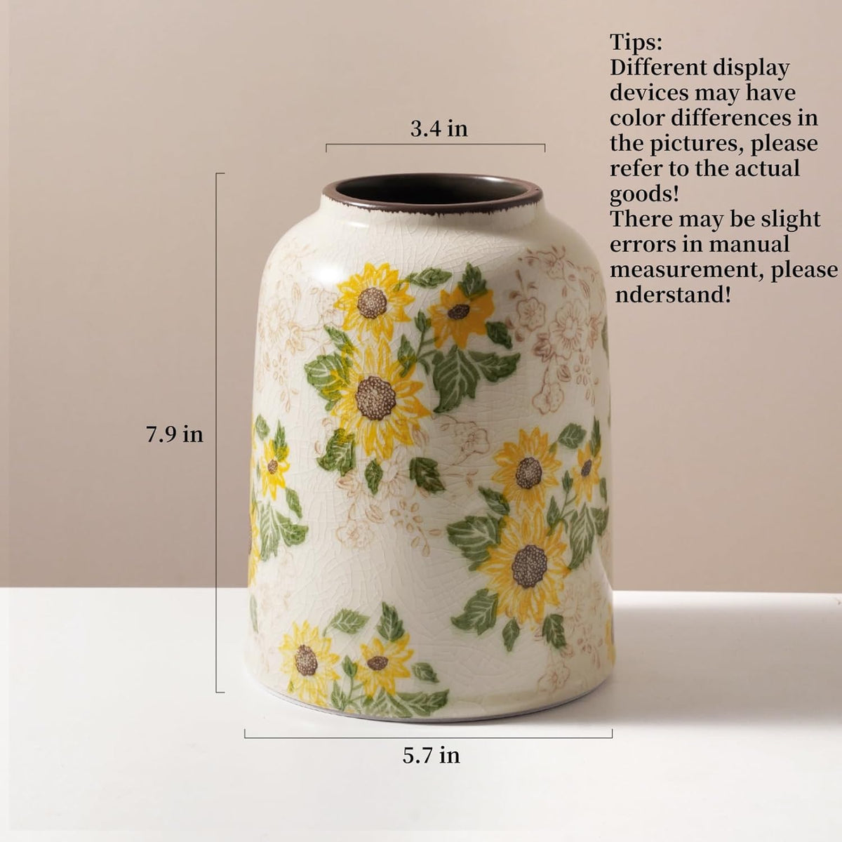 Vintage Ceramic Vase, 7.9 Inch Chinoiserie Sunflower Yellow Floral Vases, Retro Ice Cracked Rustic Antique Flower Vases for Modern Coffee Table Home