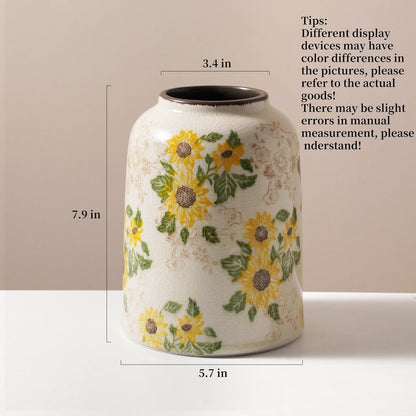 Vintage Ceramic Vase, 7.9 Inch Chinoiserie Sunflower Yellow Floral Vases, Retro Ice Cracked Rustic Antique Flower Vases for Modern Coffee Table Home