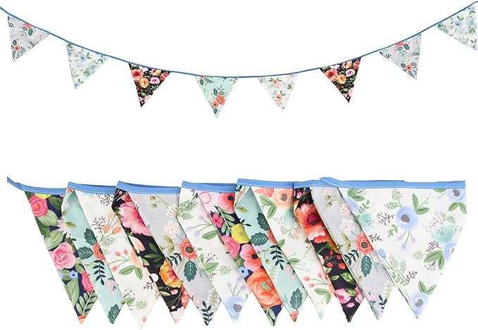 Zwiebeco 32Ft Vintage Floral Fabric Bunting Triangle Flags Cotton Retro Flowers Pennant Banner Party Decorations for Birthday Wedding Engagement Baby Shower Spring Rustic Village Home Garden Decor