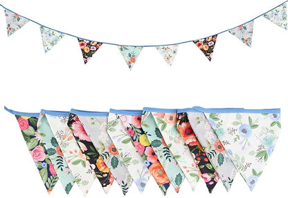 Zwiebeco 32Ft Vintage Floral Fabric Bunting Triangle Flags Cotton Retro Flowers Pennant Banner Party Decorations for Birthday Wedding Engagement Baby Shower Spring Rustic Village Home Garden Decor