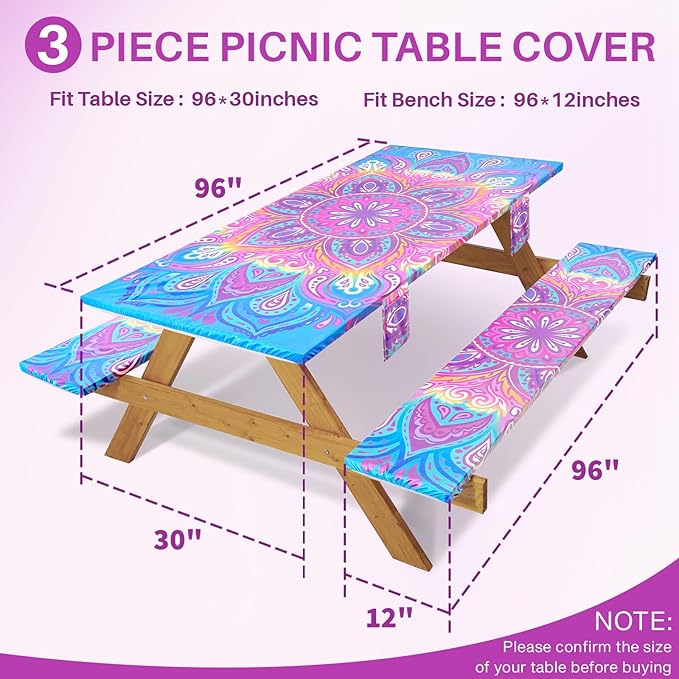 3 Piece 96x30Inch Picnic Table Cover with Bench Covers Fitted Elastic Weather Proof Camping Table Clothes Camp Motorhome Tools Gardening Rv Items Outside Road Trips Must Haves Gift for Adults