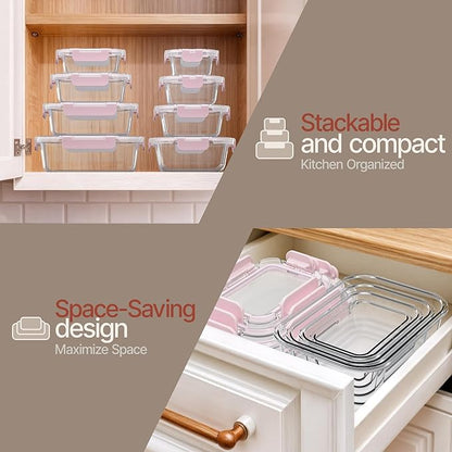 Bakken Borosilicate Glass Food Storage Containers with Lids 24 Pieces, BPA-Free Stackable Lunch & Leftover Containers, Microwave, Freezer & Dishwasher Safe, 100% Airtight Leak-Proof, Pink
