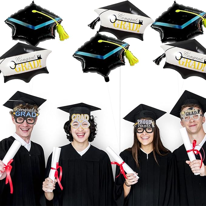 6pcs Graduation Cap Decorations Set, Congrats Grad Balloons, Large Graduation Cap, Hat Balloon with Tassel Design, Grad Foil Balloons For College High School Party Decorations 2026