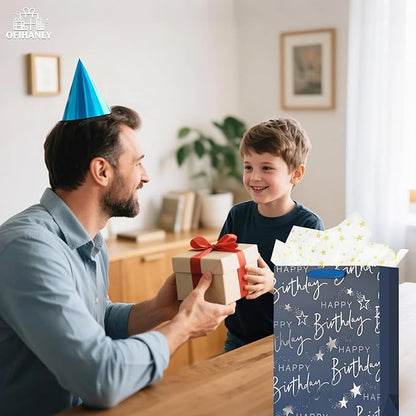 OFIHANLY 12.6" Medium Happy Birthday Gift Bag with Handles for Men Paper Gift Wrap Bags for Him Boys Kids Baby Navy Blue Bags with Tissue Paper,1Pcs
