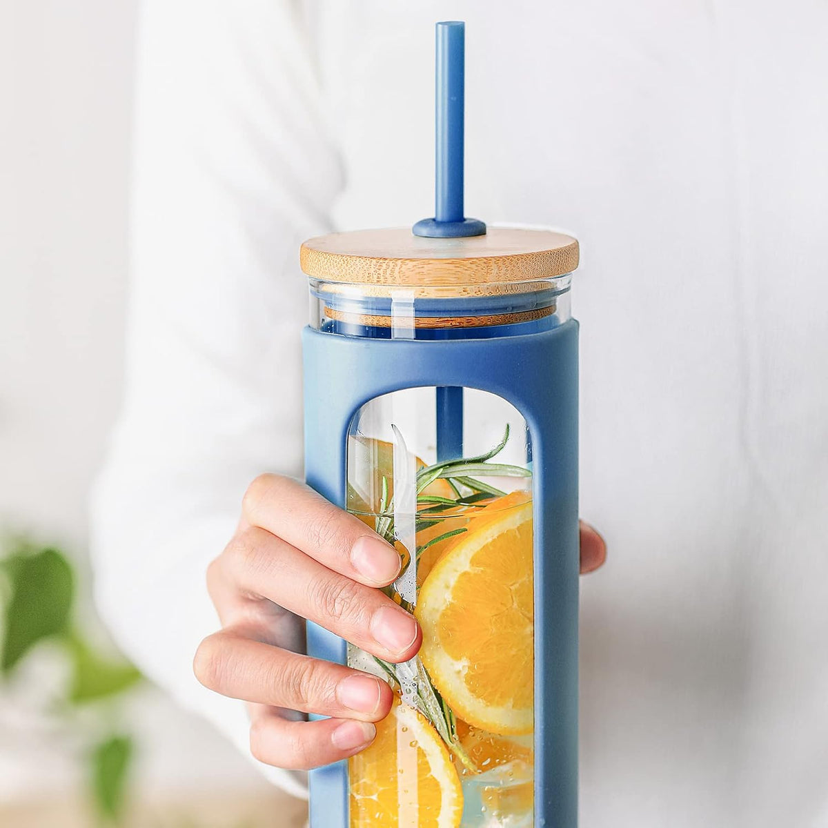 Kodrine 20oz Glass Tumbler with Straw and Lid, Iced Coffee Cups with Bamboo Lids, Glass Cups for Cold Drinks, Smoothie Cup with Silicone Sleeve for Travel, Work, BPA FREE-DodgerBlue
