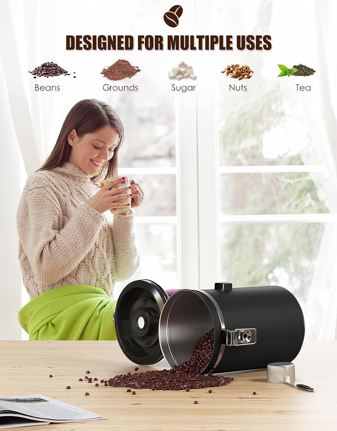 HAIOOU Airtight Coffee Canister, 22OZ +16OZ 2 Piece Stainless Steel Coffee Bean Storage Container with Date Tracker, Measuring Scoop, CO2 Releasing Valves, Mini Tongs for Coffee Bean, Grounds - Black