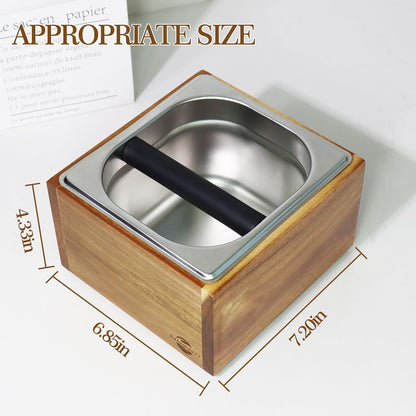 Acacia Wood Espresso Knock Box, Large Capacity with Stainless Steel Interior, Silicone Knock Bar, Anti-Slip Base