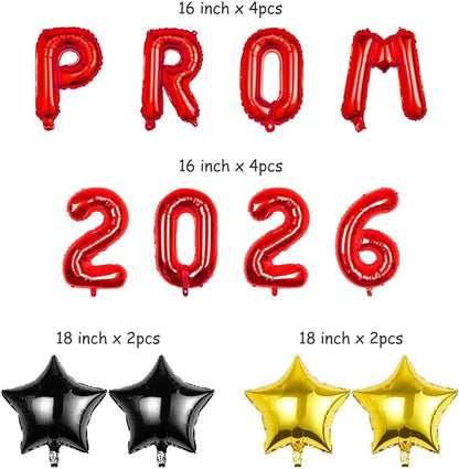 Prom 2026 Balloons Decorations, 16 Inch Foil Letter Number Balloons with 18 Inch Black Red Star Balloons for High School College Graduation Gift Retirement Ins Photo Party Supplies