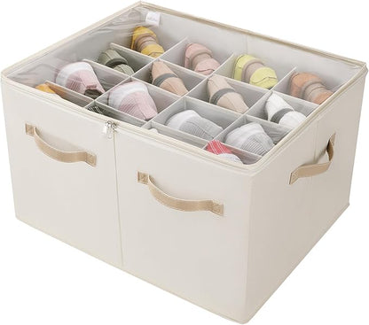 TOPIA HOME Shoe Organizer for Closet, Foldable Shoe Box with Adjustable Dividers and Clear Cover, Space Saving Shoe Storage Organizer Cabinet with Reinforced Handles, Fits 16 Pairs, Beige TP09Y