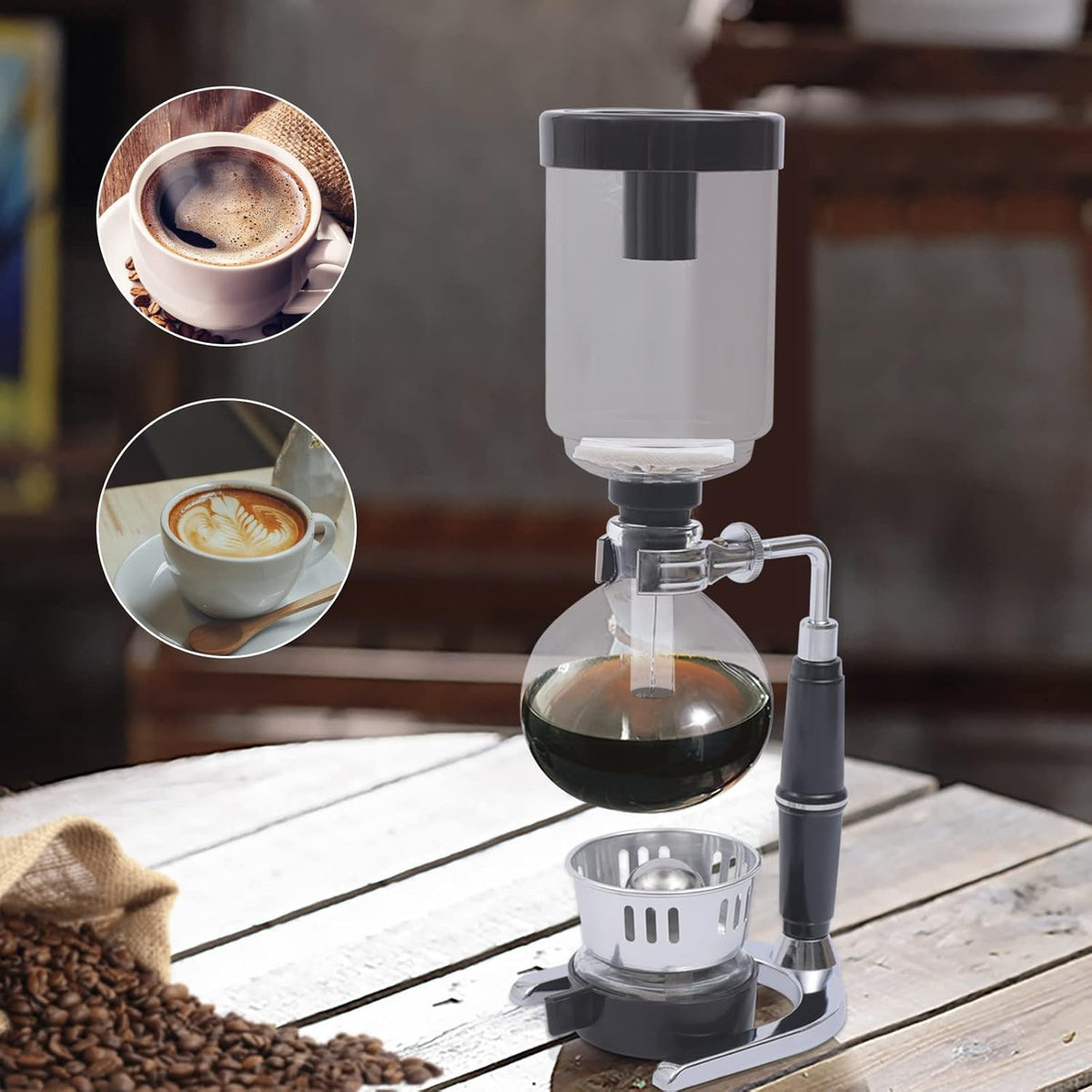 Glass Siphon Coffee Maker, 360ml Tabletop Glass Siphon Pot Glass Syphon Coffee Maker 3 Cups for Coffee Shop|Bar|Home Use, Black