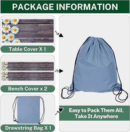 Picnic Table Cover with Bench Covers Elastic Edges, Chamomile Flower Fitted Table Cover, Outdoor Patio Camping Essentials 60 Inch 3PCS, Waterproof Camping Fitted Tablecloth with Drawstring Bag