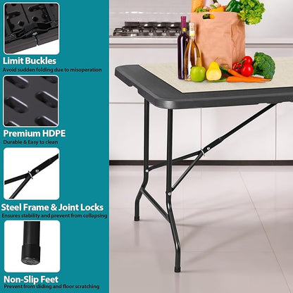 SUPER DEAL 6FT Folding Table for Indoor Outdoor, Portable Heavy Duty Fold-in-Half Plastic Dining Picnic Party Camping Table with Carrying Handle, Black
