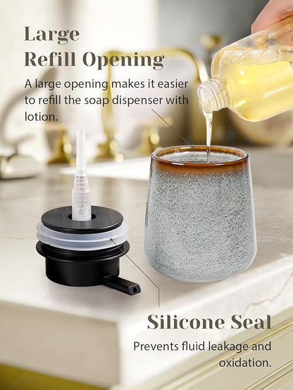 INGOFIN Ceramic Lotion Dispenser - 12 oz Refillable Hand Soap Dispenser Bathroom, Modern Liquid Dispenser with Pump, Dish Soap Dispenser for Kitchen, Kiln-Glazed Grey White