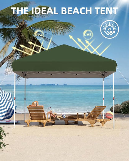 10x10 Pop Up Canopy with One Button Push Setup - Heavy Duty Outdoor Canopy Tent with Portable Roller Bag - 3 Adjustable Height, 4 Weight Bags, 8 Stakes & 4 Guy Ropes Included, Green