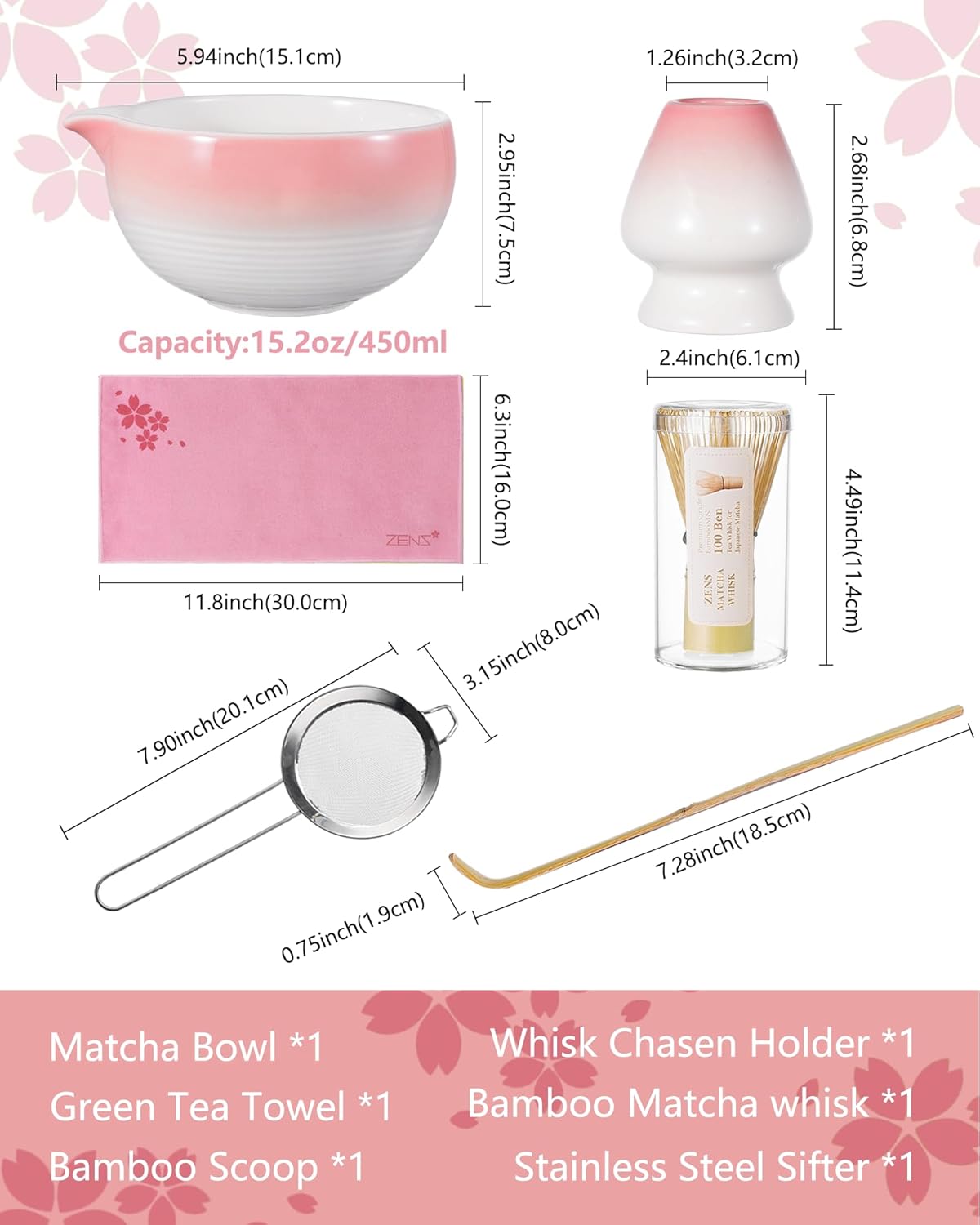 ZENS Pink Matcha Set, Matcha Whisk Set with 15oz Ceramic Bowl & (Chasen Holder), 6pcs Matcha Kit with Bamboo Scoop and Sifter, Tea Towel for Matcha Lovers