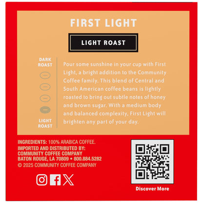 Community Coffee First Light, 72 Keurig Coffee Pods, Light Roast, Compatible with all K-Cup Brewers, 12 Count (Pack of 6)