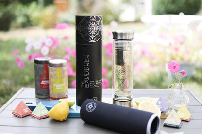 Teabloom All-Beverage Infusion Bottle – 14 oz / 400 ml – Double Wall Insulated Glass Travel Flask – Hot Tea & Cold Brew Coffee Thermos