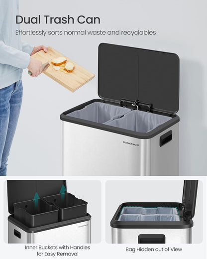 SONGMICS Trash Can, 2 x 8 Gallon (2 x 30 L) Double Garabge Can for Recycling and Waste, Stainless Steel, Soft-Close Lid, Inner Buckets, Wide Sturdy Pedal, Metallic Silver ULTB556E01