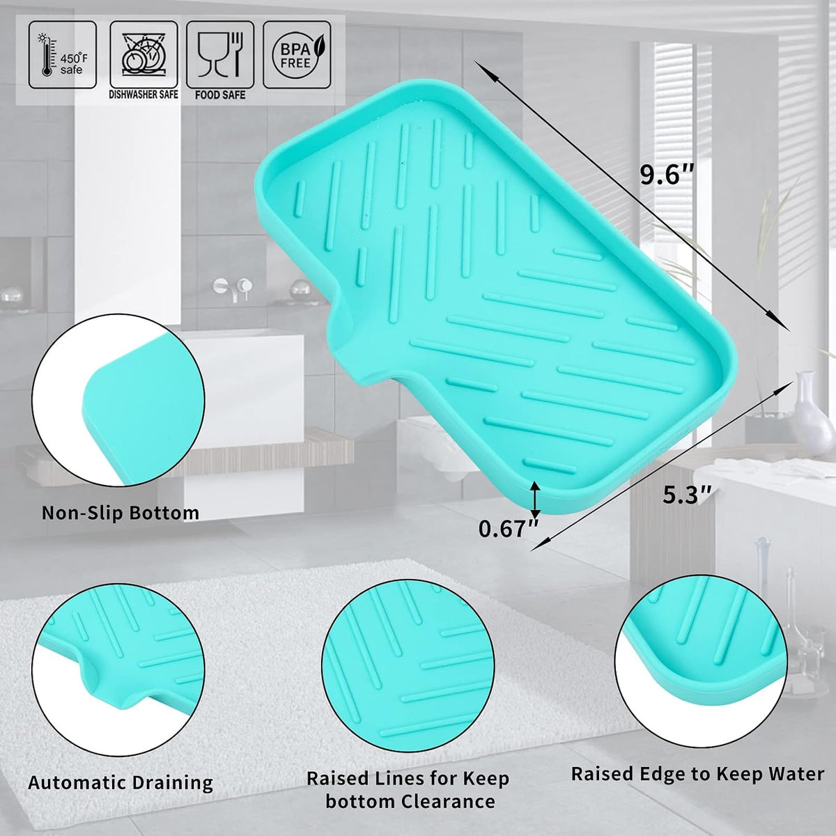 Silicone Bathroom Soap Dishes with Drain Spout-Bathroom and Kitchen Sink Organizer,Sponge Holder,Dish Soap Tray,Perfect for Dispenser,Scrubber,Bottle,Cup on Sink or Counter-Mint 9.6"×5.3"