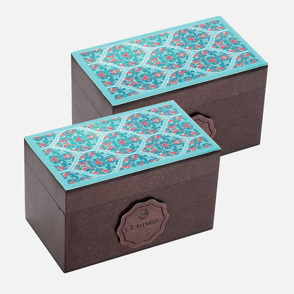Octavius Assorted Tea Gift Set, 6 Assorted Black & Green Teas, 30 Teabags, Wooden Tea Sampler Pack w/Ornate Floral Design, Pack of 2