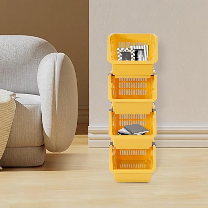 4-Pack Stackable Plastic Storage Baskets - Open Front Organizer Bins for Kitchen, Pantry, and Bathroom Essentials (Yellow)
