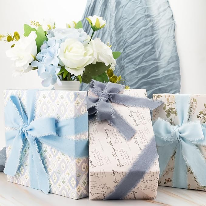 Blue Cotton Ribbon 1 Inch Dusty Blue, Baby Blue & Ice Blue 3 Rolls 21 Yards Frayed Edge Fabric Set for Baby Shower, Nursery Decor, Wedding Invitations, Gift Wrapping & DIY Crafts