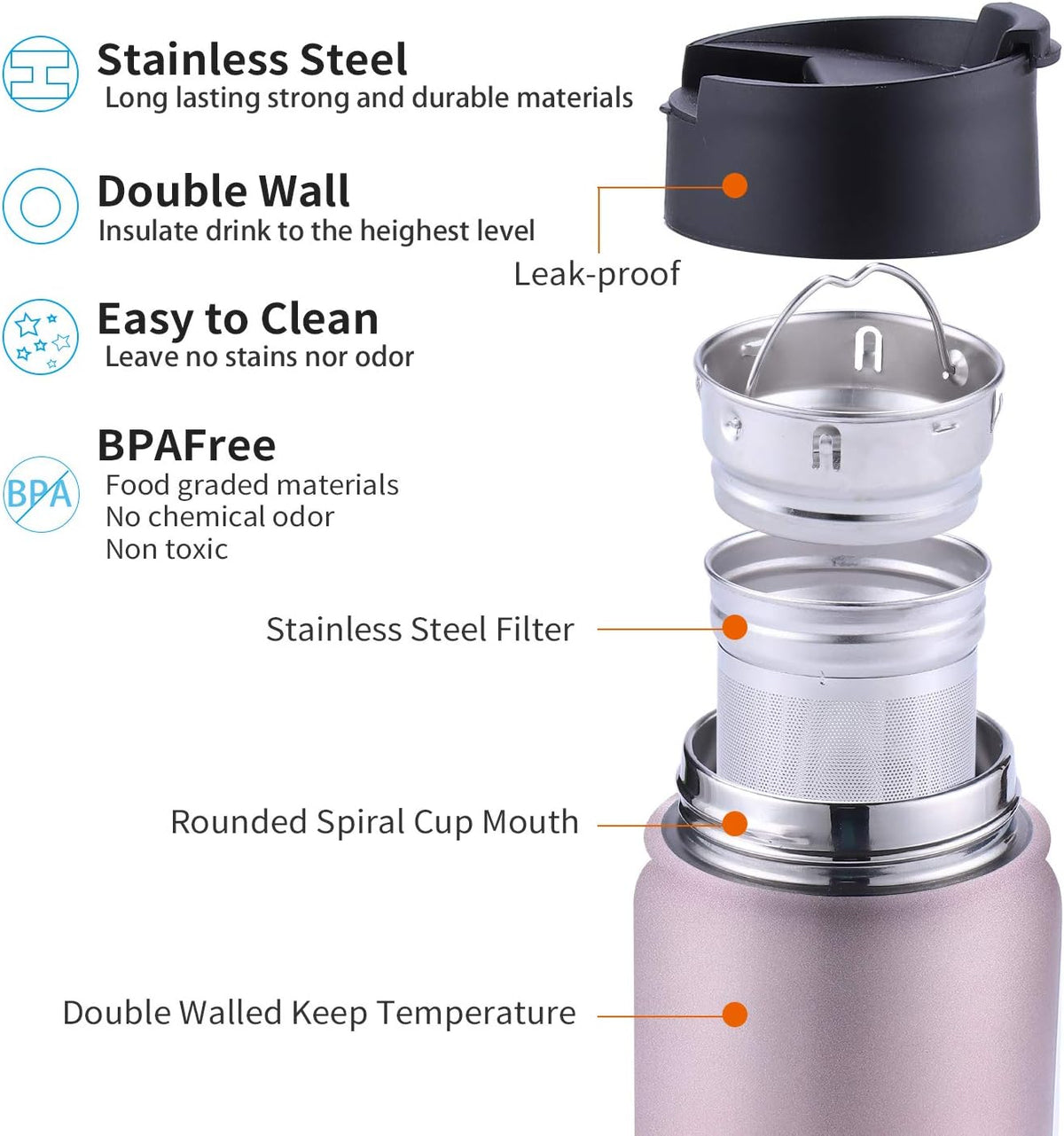 Infuser Travel Mug with Removable loose leaf Tea Strainer Bottle 18/8 Stainless Steel Insulated Tumbler for Women Rosegold