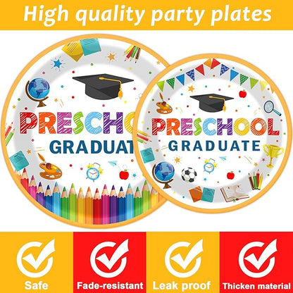 Preschool Graduation Party Supplies Pre-K Grad Tableware Set Kindergarten Graduation Plate Napkin Kindergarten Disposable Paper Dinnerware Kit for Graduate Party decoration Favor 24 Guest (White)