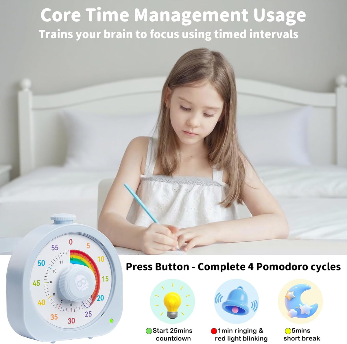 Visual Timer for Kids, Rechargeable Timer for Classroom Office Kitchen with 'Rainbow' Pattern Design, 60min/12h Silent Countdown Timers