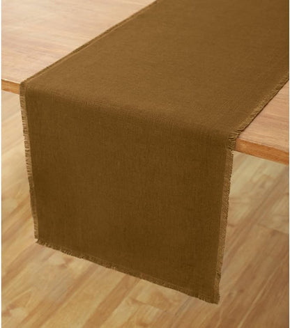Solino Home Fringe Linen Table Runner 72 Inches Long - 100% Pure Linen Toffee Brown Dining Table Runner 14 x 72 Inch - Handcrafted and Machine Washable