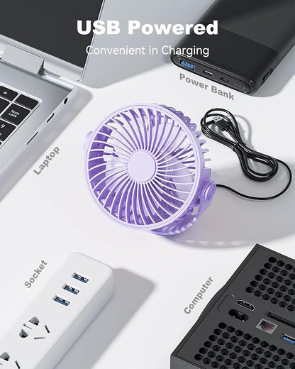 Edvision USB Desk Fan, 5 Inch Mini Portable, 3 Speeds Strong Airflow Personal Desktop, Detachable Cooling Fan 360° Rotation Quiet Small Fan for Desk Home Office Travel Car, Purple, 5ft Cable