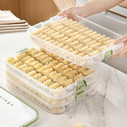 Dumplings Storage with 4 Layers, Stackable with Buckle, Lid & Handle for Cookies Wonton Donuts Box Organizer For Fridge, White-Green