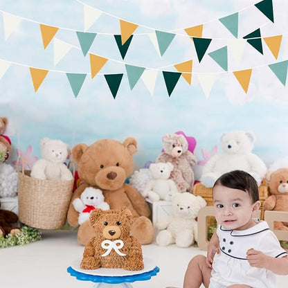 Zwiebeco 39Ft Dark Green Gold White Fabric Bunting Banner Triangle Flags Cotton Garland Pennant for Forest Wild One Safari Birthday Wedding Baby Shower Outdoor Garden Decorations