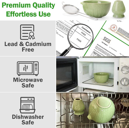 MONOJOY Matcha Whisk Set Ceramic Bowl Kit with Spout, Bamboo Chasen and Holder, Scoop Rest,Sifter Tea Towel Ceremonial Cute Matcha Tea Making Tool,Gift Perfect for Latte Lovers | Beginners,7pcs