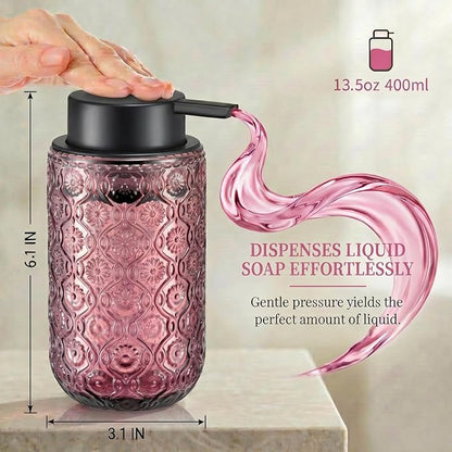 Pink Glass Liquid Hand Soap Dispenser with Matte Black Pump Thick Embossed Bottle Refillable for Bathroom and Kitchen Decor 13.5 oz