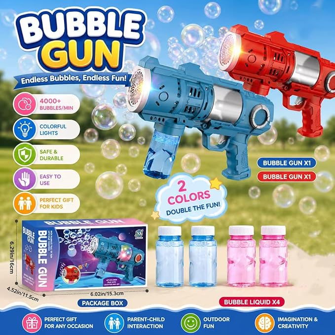 2 Packs Bubble Gun for Kids, 20Hole Automatic Bubble Machine Gun Blaster with LED Light, Leak-Proof Bubble Blower for Toddlers Boys Girls Ages 4-12,Easter Basket Stuffers Party Favor Outdoor Kids Toys