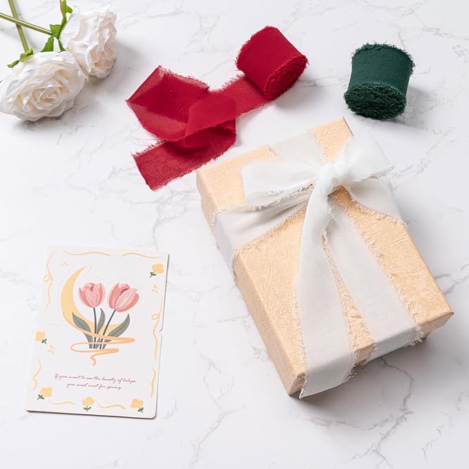 Husfunov Handmade Chiffon Ribbon Set,1.5Inch x 3 Rolls Total 24 Yards Ivory/Red/Green Fringe Chiffon Silk Ribbon,for Wrapping Wedding Invitations,Bridal Bouquets,DIY Crafts,Home Decor and More