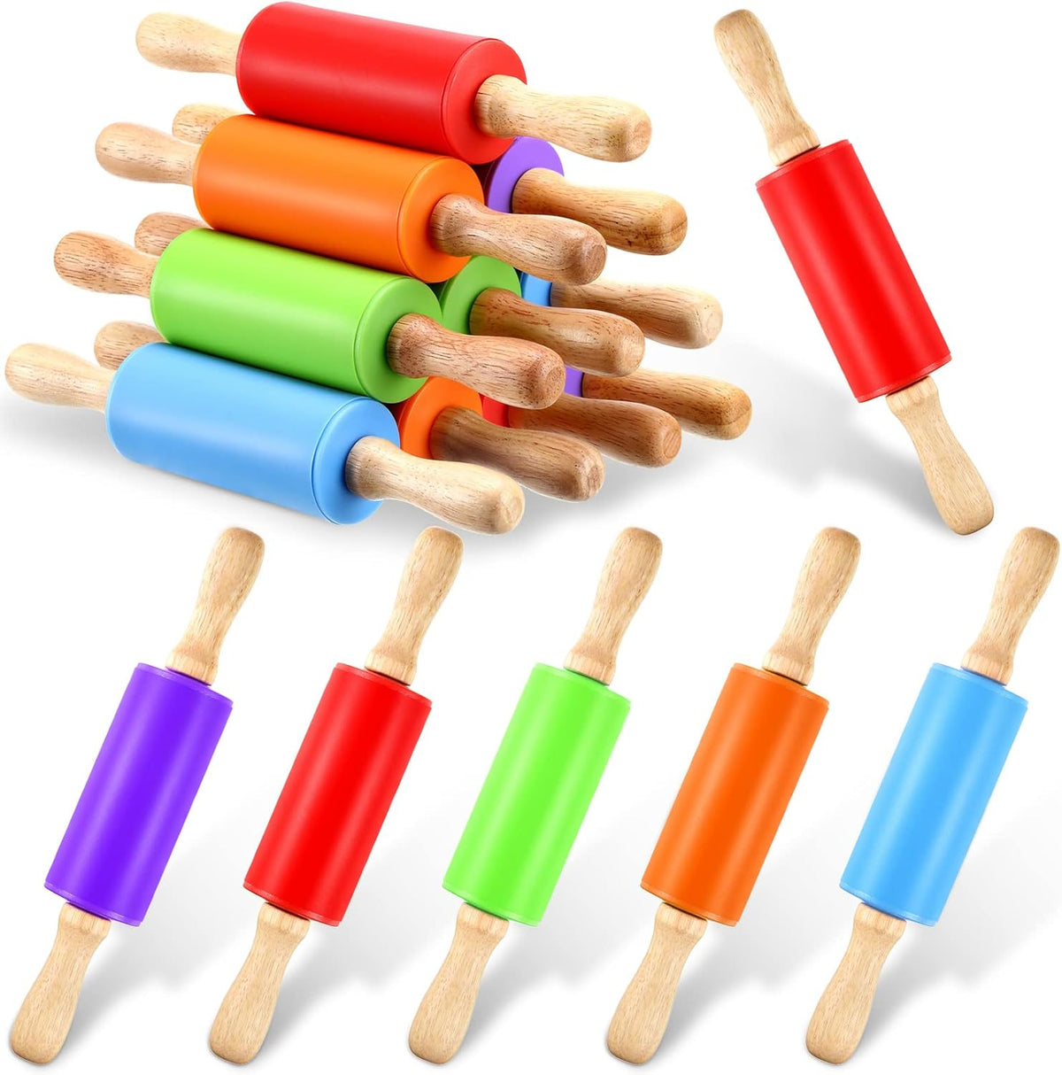 10 Pcs Small Rolling Pin Kids 9 Inch Mini Rolling Pin Silicone Wooden Cooking Pins Baking 5 Colors Non Stick Kids with Wooden Handle for Kitchen