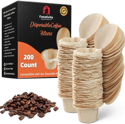 200 Count Fanativita K Cup Filters Disposable with Genius Lid Design, Fit All Reusable K Cups for Keurig (Unbleached)