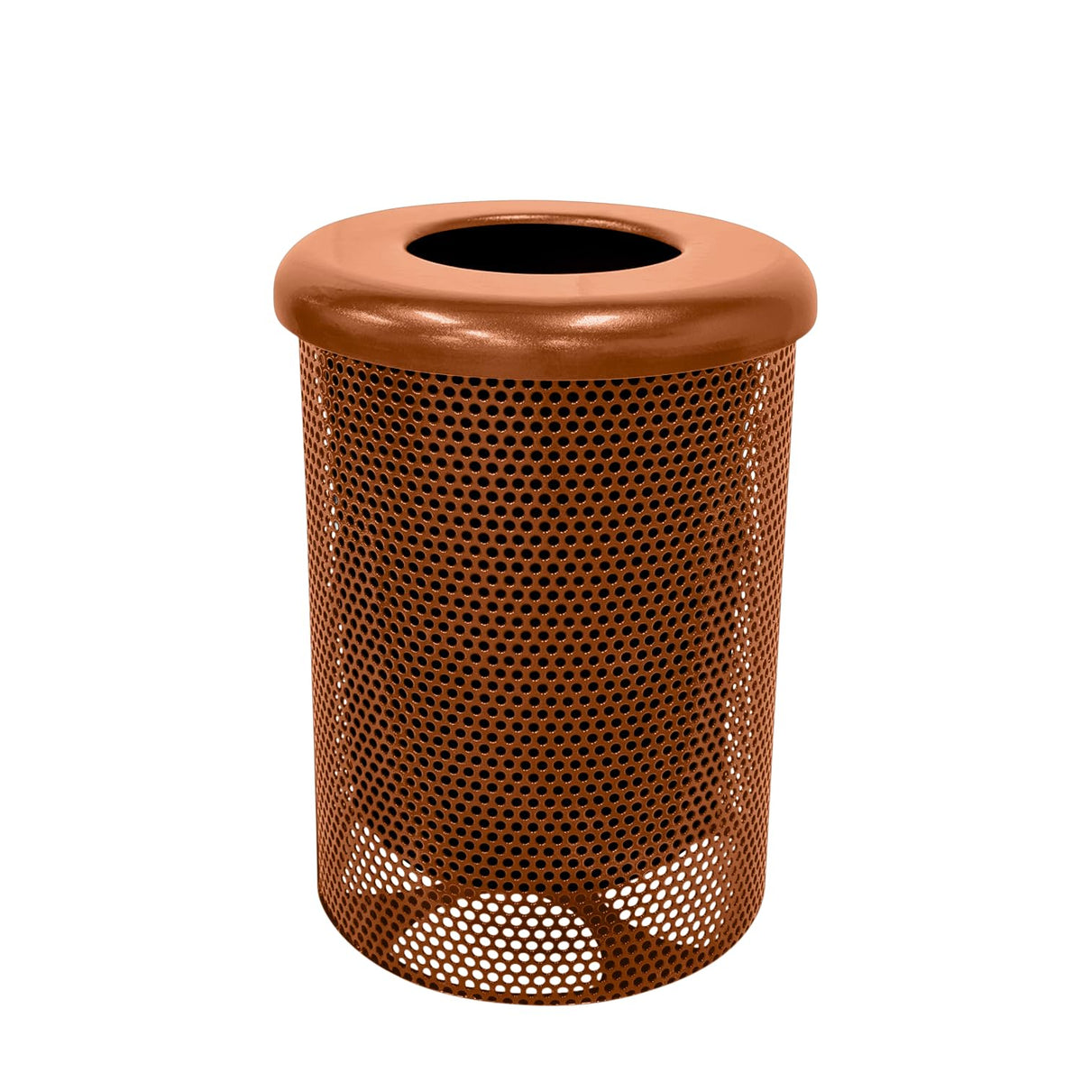 COATEDOUTDOORFURNITURE 32-Gallon Heavy-Duty Punched Steel Round Trash Receptacle, Commercial Outdoor Waste Bin with Liner & Black Flat Top Lid – Made in America (Textured Copper)
