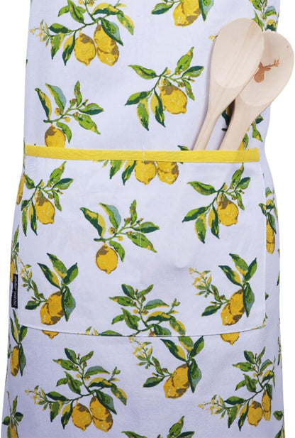 AMOUR INFINI Cotton Aprons for Women with Pockets Adjustable Strap and Waist Ties Washable Printed Aprons for Baking, Cooking, Gardening (27.5 x 33 Inches - Lemon Print)