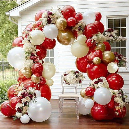 Red White Gold Balloon Garland Double Stuffed Burgundy Red White Sand Pearl Balloon Arch Kit Maroon Wine Balloons for Birthday Bridal Shower Wedding Anniversary Graduation Party Decorations