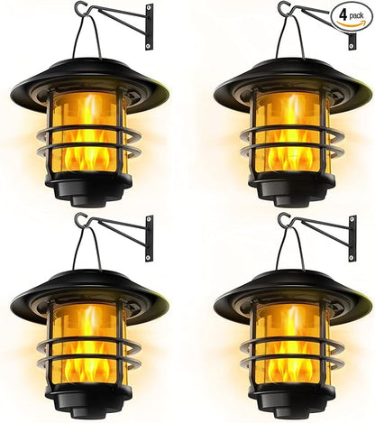 Otdair Solar Lanterns Outdoor Waterproof, 4 Pack Flickering Flames Wall Garden Decor with Glass Shade, Hanging Solar Lights Wall Mount Decorations for Halloween, Front Porch, Patio, Yard.