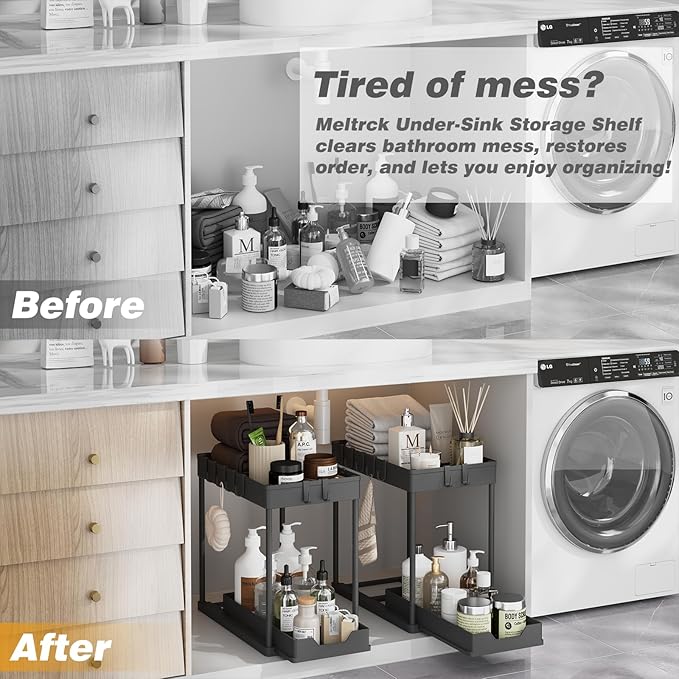 Under Sink Organizer 2 Pack,Bathroom Under Cabinet Storage with Pull Out Sliding Drawers for Kitchen Organization,12.8 Inch,Black