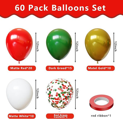 Red and Green Balloons, 60Pcs Dark Green Red Gold White Balloons for Merry Christmas Theme Birthday Party Backdrops Decorations